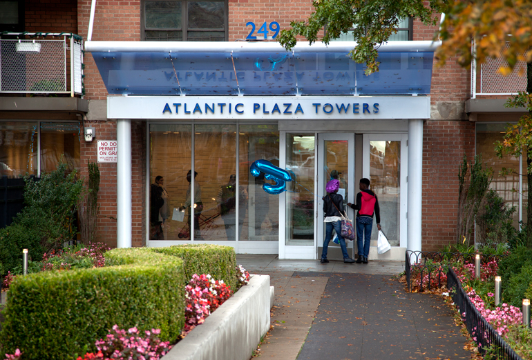 The entrance to Atlantic Plaza Towers. Photo by Amy Howden-Chapman